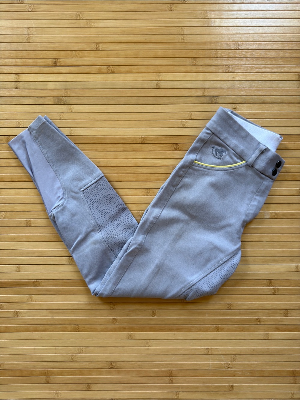 Grey Equestrian Breeches with Yellow Trim